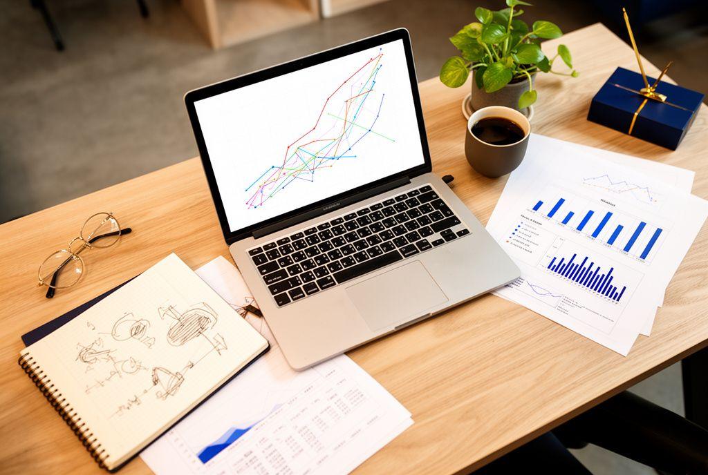 Робоче місце SEO-фахівця з ноутбуком, графіками зростання трафіку та нотатками